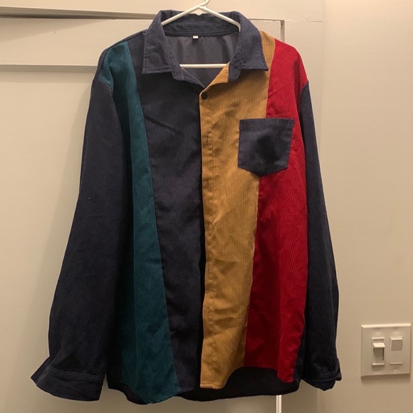 Men Color Block Patched Pocket Corduroy Shirt Size XL - Picture 2 of 7